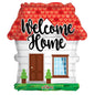 Welcome Home house-shaped balloon with red roof, white siding, and green lawn for celebrations