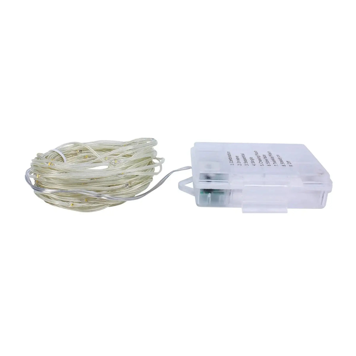 Coiled LED fairy lights with clear wire and battery box, ideal for home décor and festive occasions