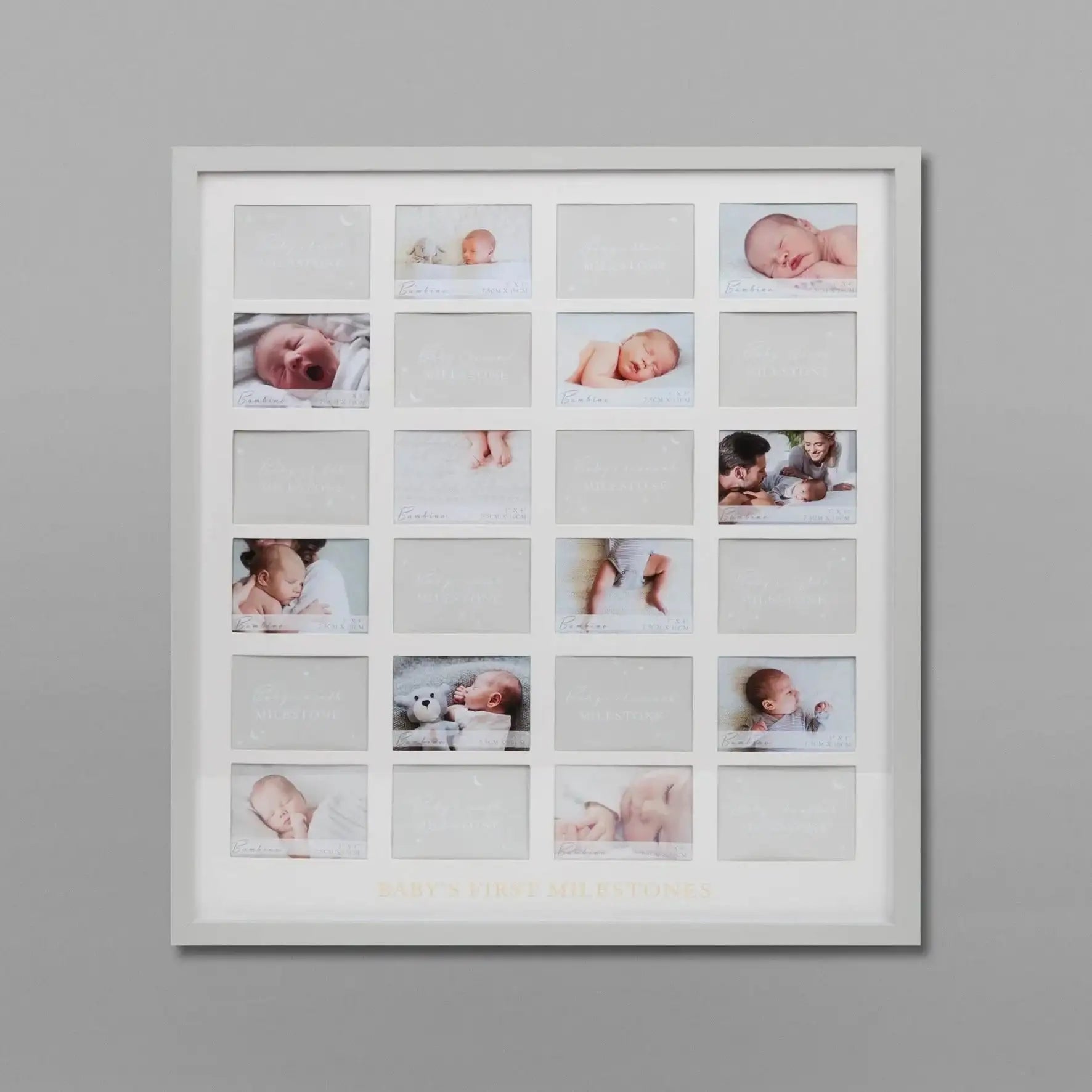 Baby's first milestones photo frame with multiple baby pictures and milestone cards on a grey wall.
