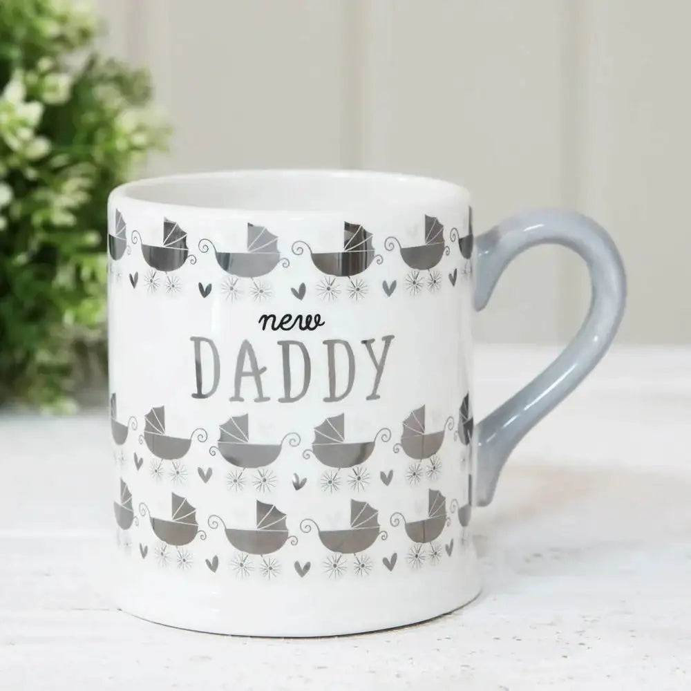 White ceramic mug with grey handle and baby stroller pattern, new daddy gift mug