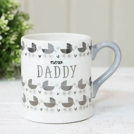 White ceramic mug with grey handle and baby stroller pattern, new daddy gift mug