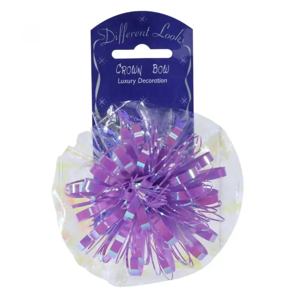 Purple crown bow gift wrap decoration with iridescent accents, ideal for presents and parties