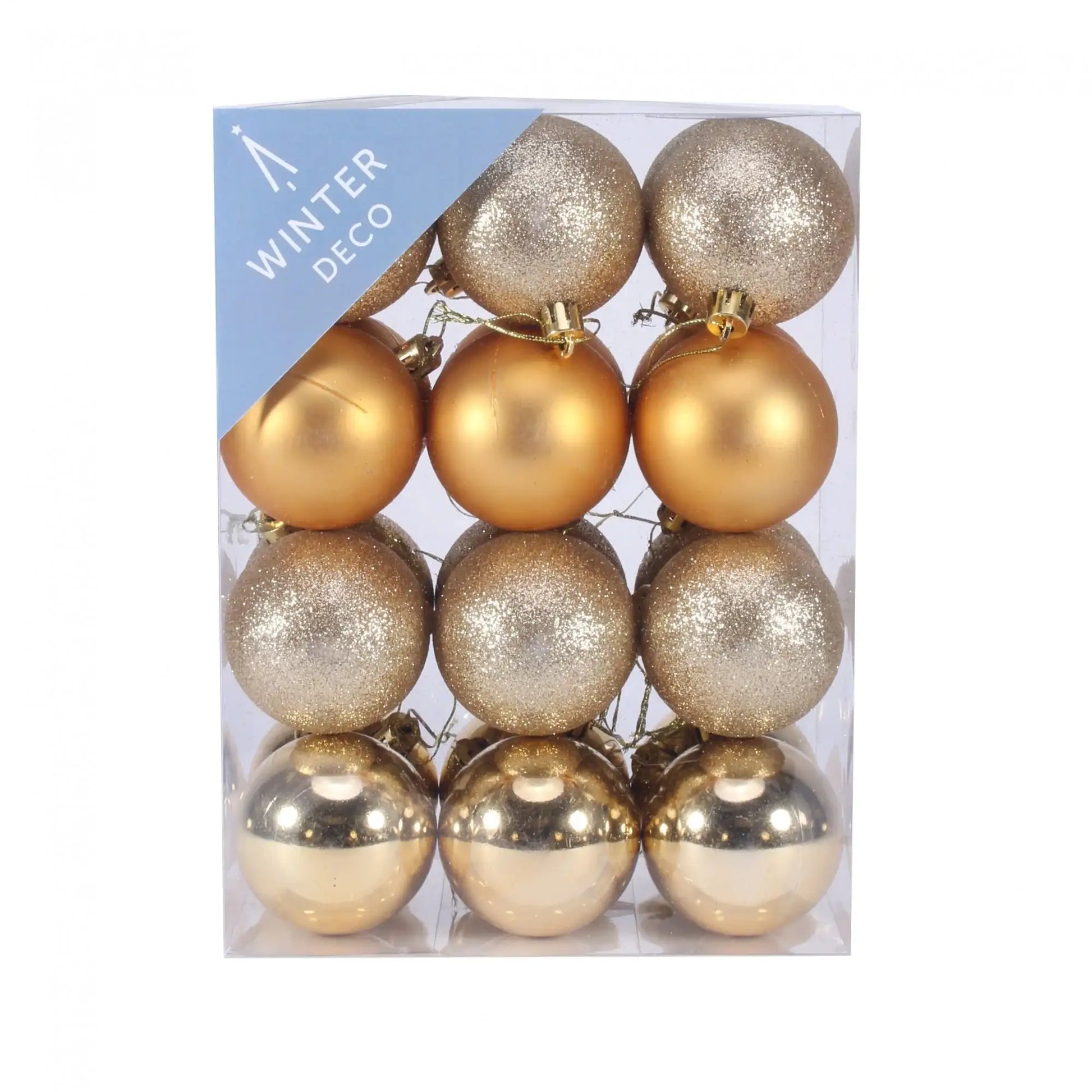 Gold glitter and matte Christmas ornaments in clear box, perfect for winter holiday decor and festive home styling
