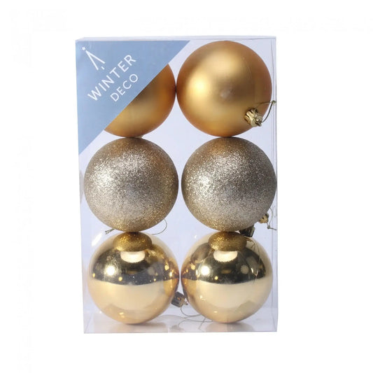 Gold Christmas ornaments in matte, glitter, and shiny finishes, perfect for winter decor and holiday gifting.