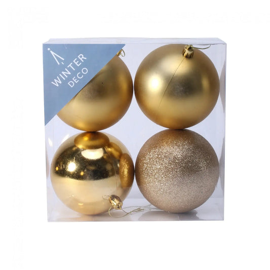Gold Christmas ornaments set with matte, shiny, and glitter finishes in clear box, perfect for winter decor