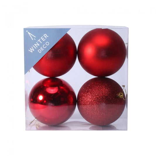 Set of four red Christmas ornaments with matte, glossy, and glitter finishes in clear box for winter decor