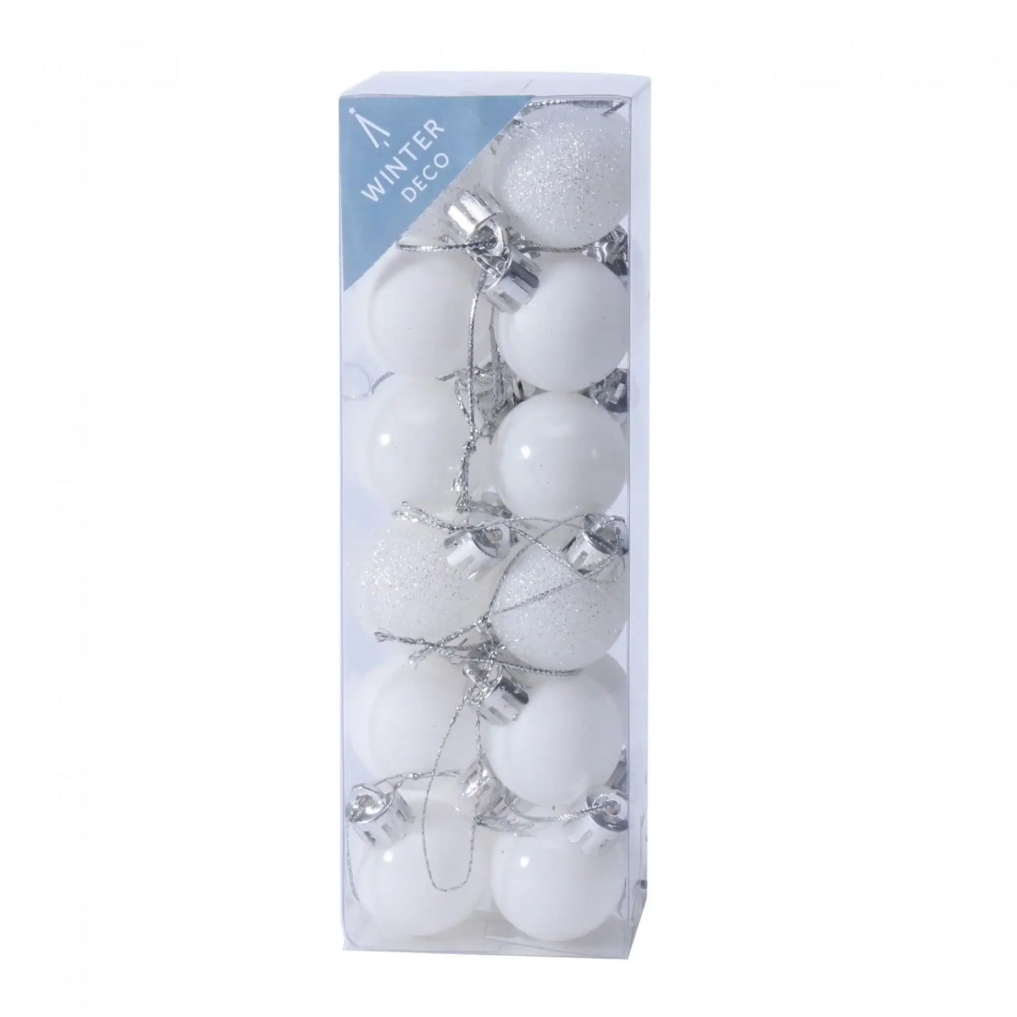 White and glitter Christmas ornaments in clear box, perfect for winter holiday decor and festive home styling