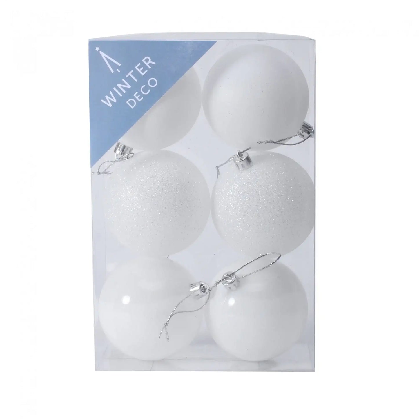 White Christmas ornaments with glitter and matte finishes, packaged as winter decor for holiday tree styling
