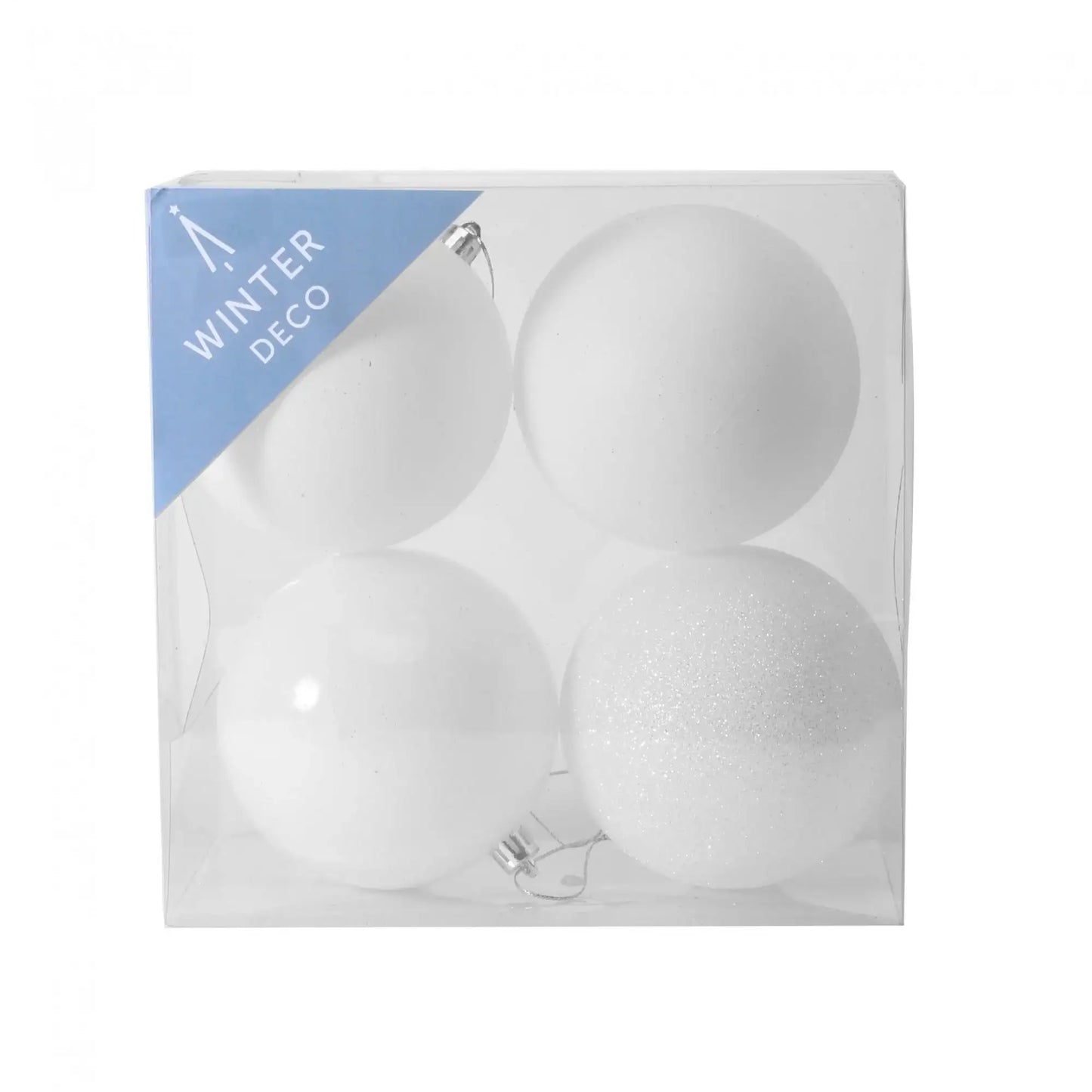 White Christmas ornaments set with matte, glossy, and glitter finishes in clear box labeled Winter Deco