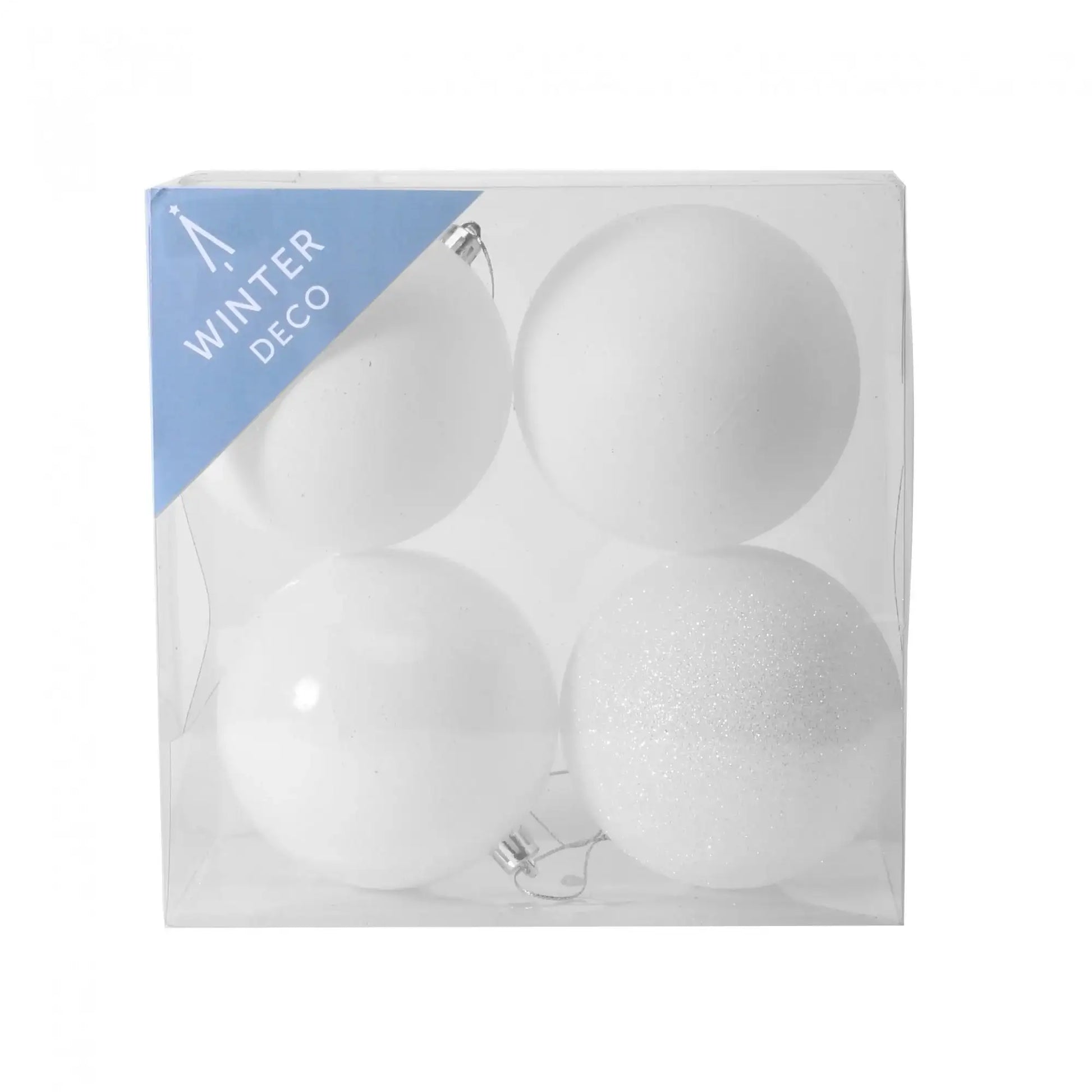 White Christmas ornaments set with matte, glossy, and glitter finishes in clear box labeled Winter Deco