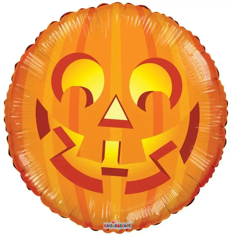 Orange Halloween pumpkin balloon with jack-o'-lantern face, perfect for festive party décor and seasonal celebrations.