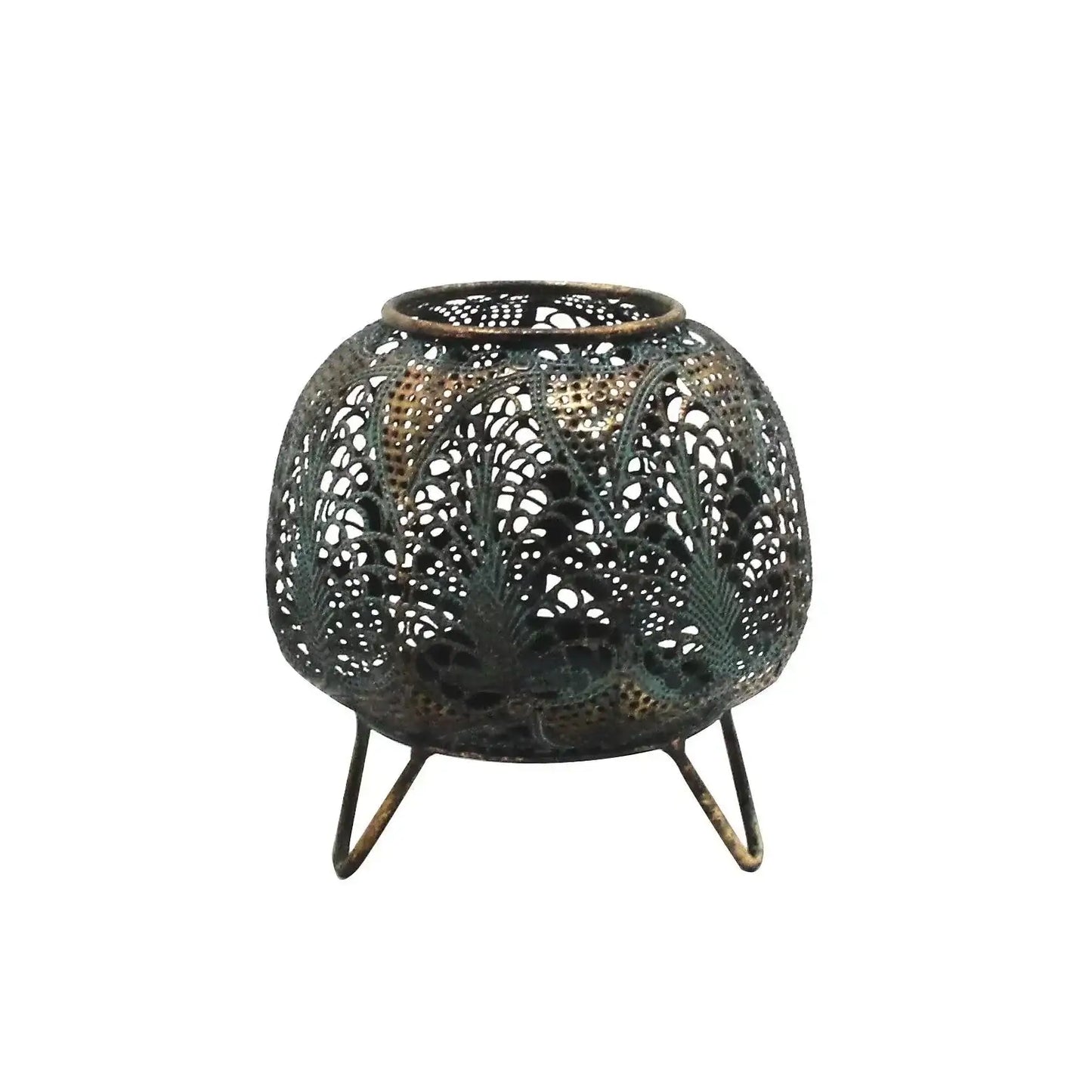 Decorative metal lantern with intricate cutout patterns on tripod legs, home décor accent