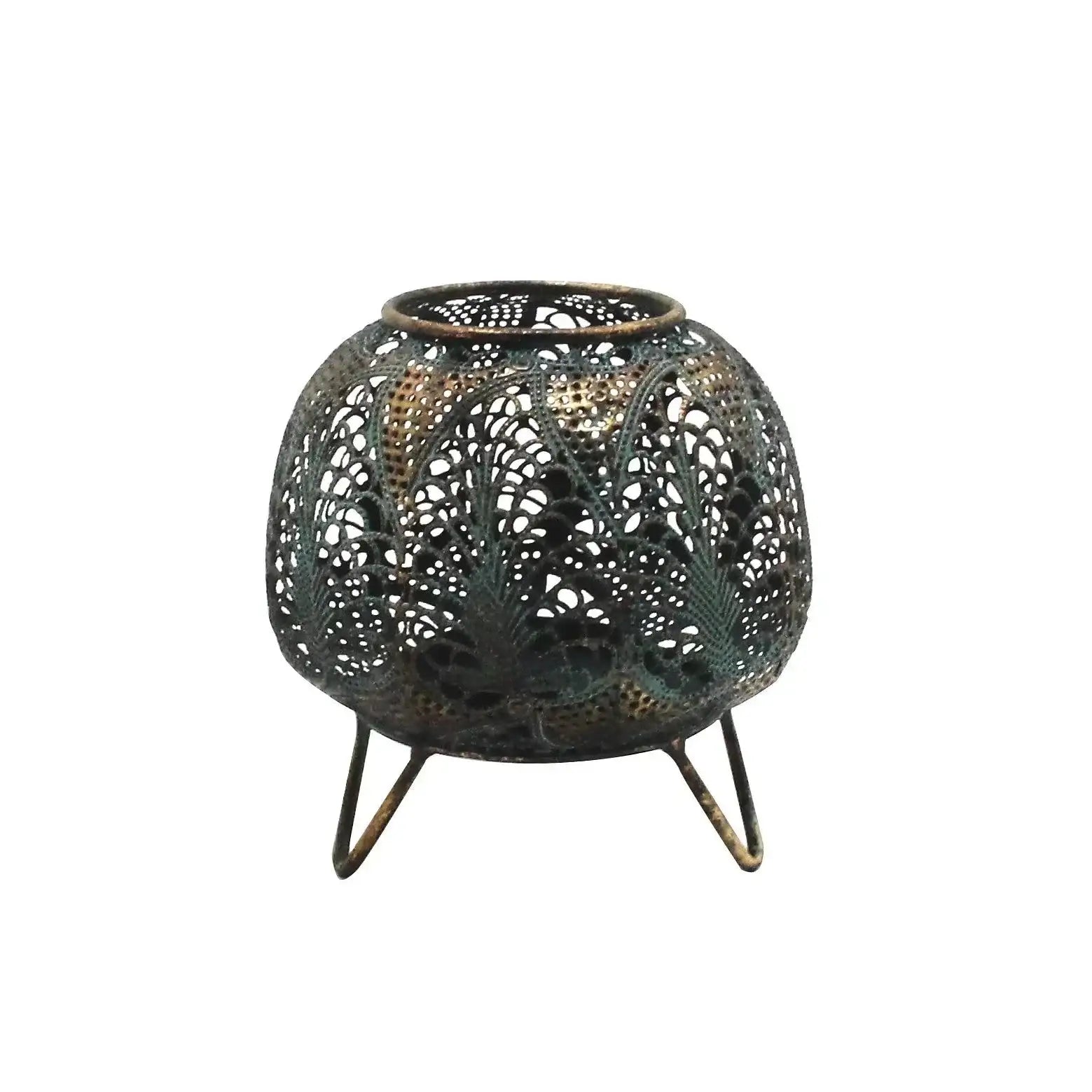 Decorative metal lantern with intricate cutout patterns on tripod legs, home décor accent