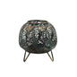 Decorative metal lantern with intricate cutout patterns on tripod legs, home décor accent