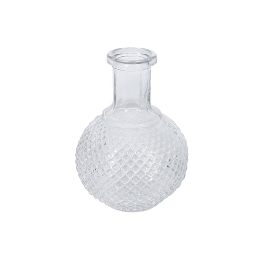 Clear textured glass vase with round base, ideal for home décor and floral arrangements