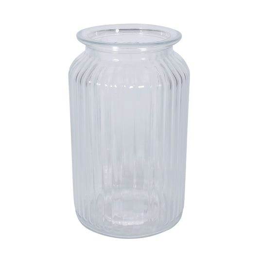 Clear ribbed glass vase, cylindrical decorative home décor accessory on white background