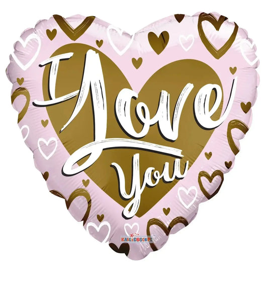 Heart-shaped balloon with gold and pink hearts and 'I Love You' text, romantic gift