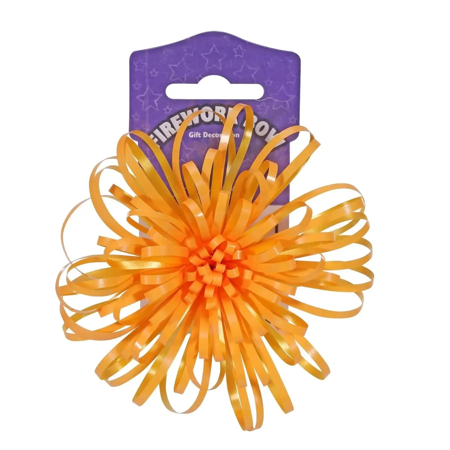 Orange gift bow with curled ribbons on purple packaging for present decoration.