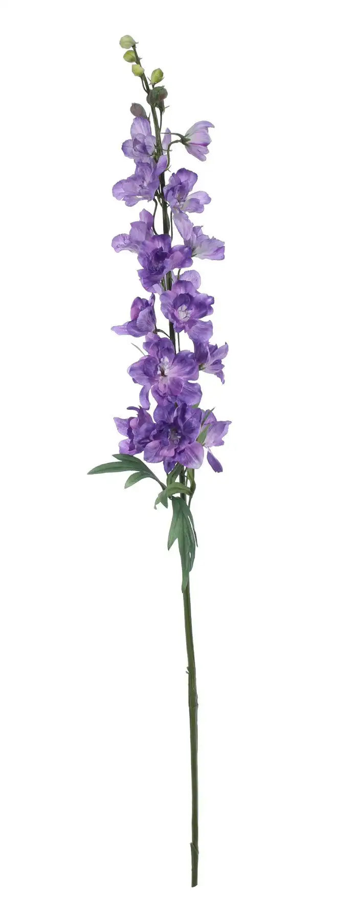 Tall artificial purple delphinium stem with green leaves for home decor or floral arrangements