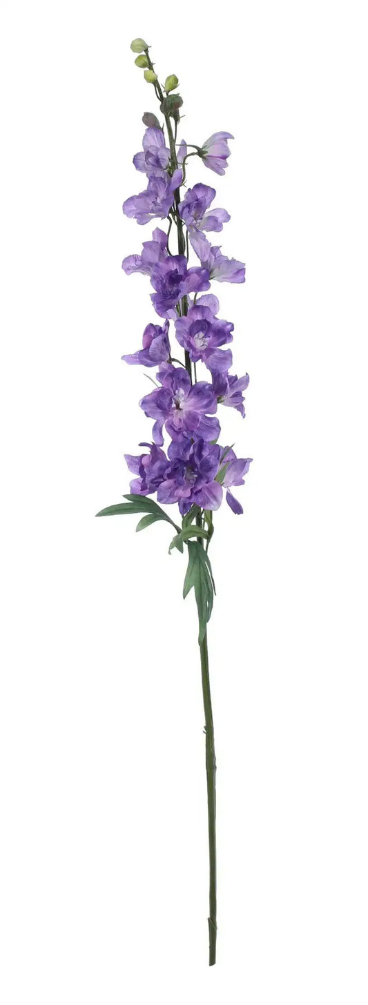 Tall artificial purple delphinium stem with green leaves for home decor or floral arrangements