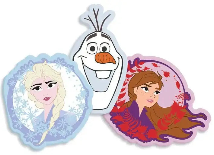 Cartoon stickers of a snowman, blonde girl, and brunette girl with snowflake and leaf designs