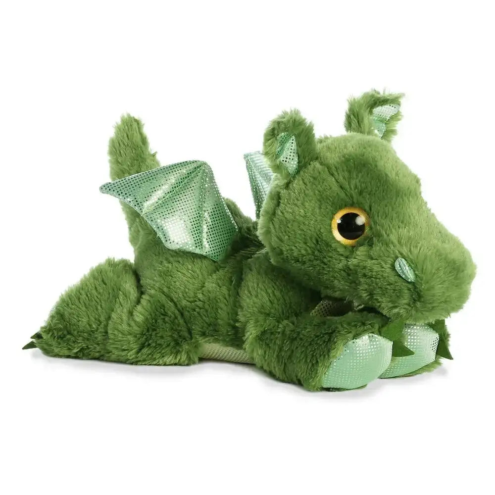 Soft green plush dragon toy with shiny wings and big yellow eyes, ideal for gift giving