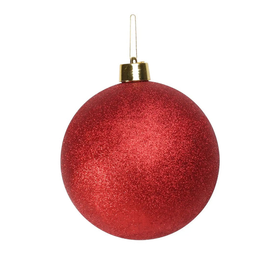 Red glitter Christmas ornament with gold cap, perfect for holiday tree decor and seasonal gifts