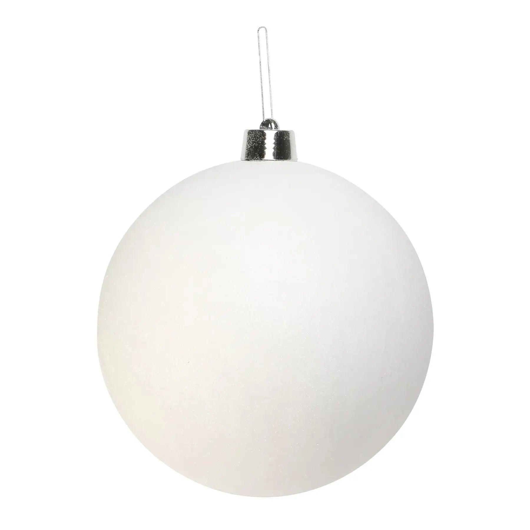 White matte glitter Christmas ornament with silver cap, perfect for holiday home décor and festive gifting.