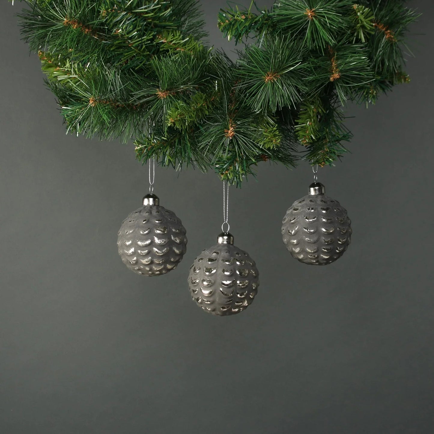 Naida 8cm Glass Acorn Bauble Pewter &amp; Silver (Set of 4)
