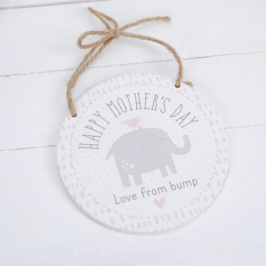Mother's Day hanging plaque with elephant and heart design on white wooden background