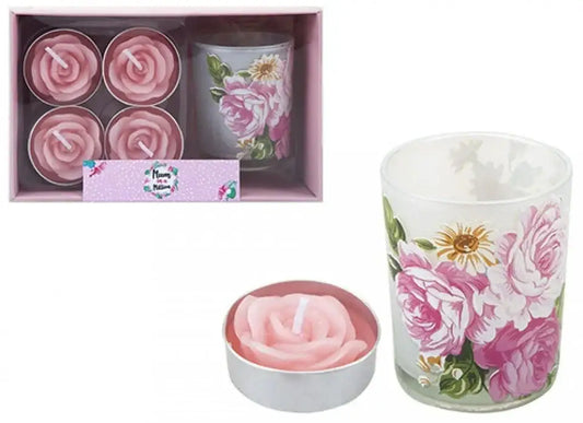 Floral Votive and Pink Rose Candle Set