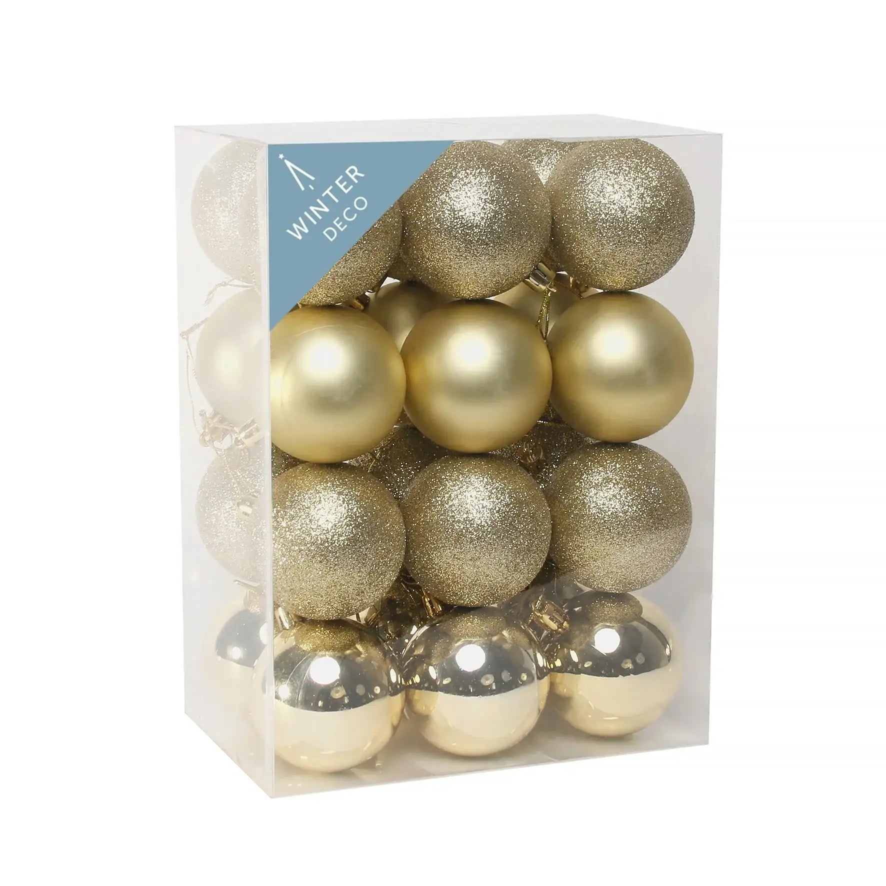 Gold glitter and matte Christmas ornaments in clear box, perfect for holiday home décor and seasonal celebrations