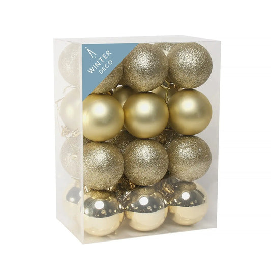 Luxury gold Christmas baubles in clear box, perfect for festive home décor and winter holiday styling
