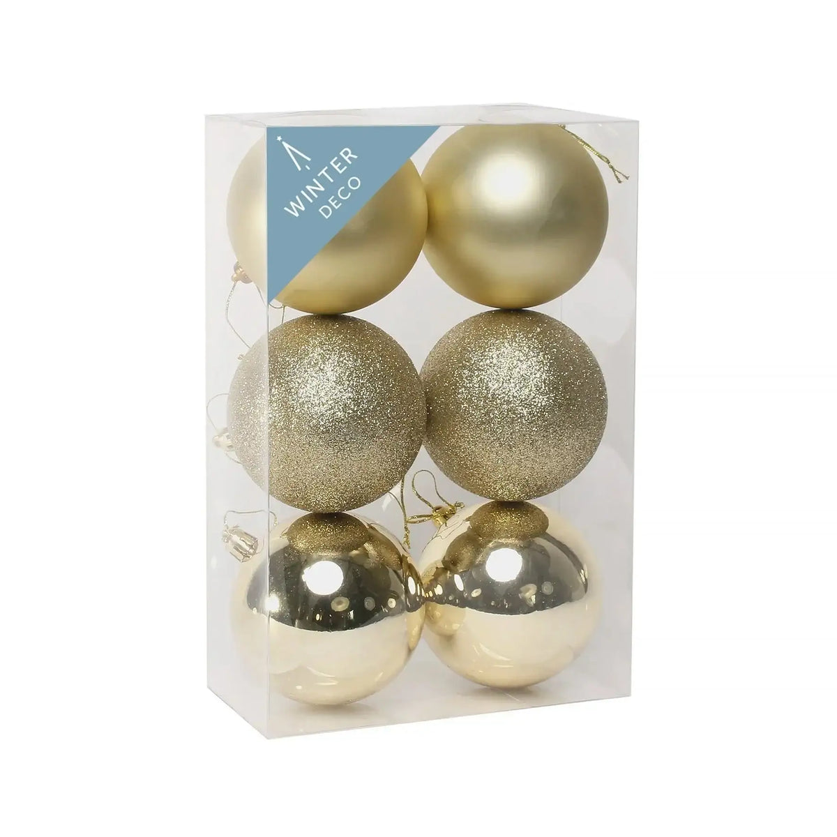 Luxury gold Christmas baubles set in clear box, perfect for festive home décor and winter holiday gifts