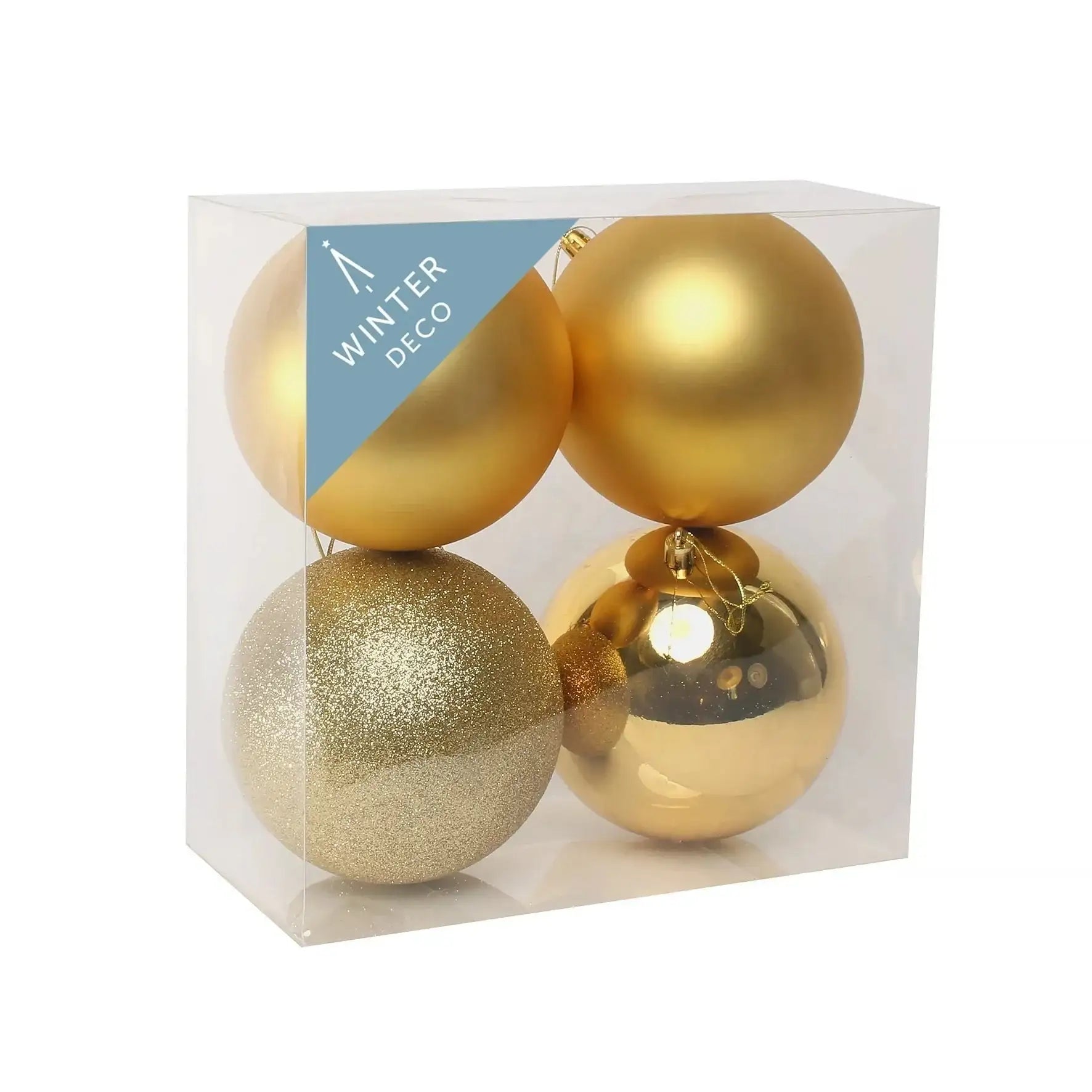 Gold Christmas ornaments in clear box, assorted finishes for holiday decor