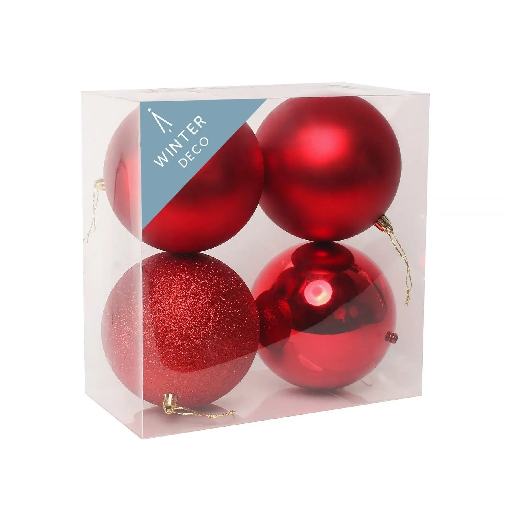 Red Christmas ornaments in clear box, assorted finishes for holiday tree decor