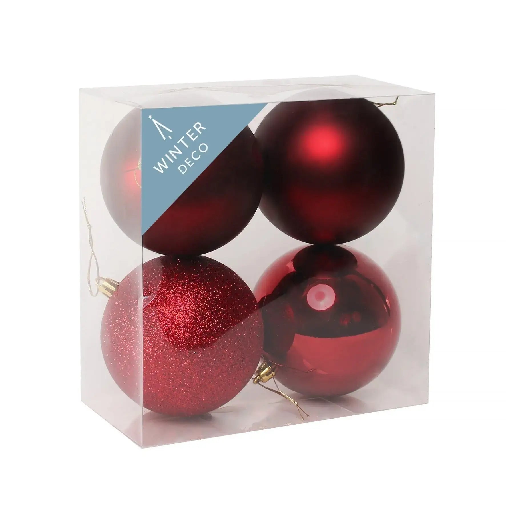Red Christmas ornaments in clear box, assorted finishes for holiday tree decor
