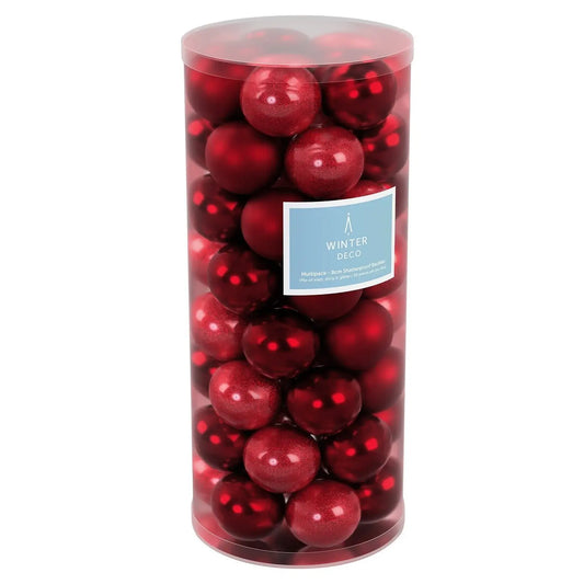Red 8cm shatterproof Christmas baubles in clear tube, mix of matte, shiny & glitter finishes for holiday decor