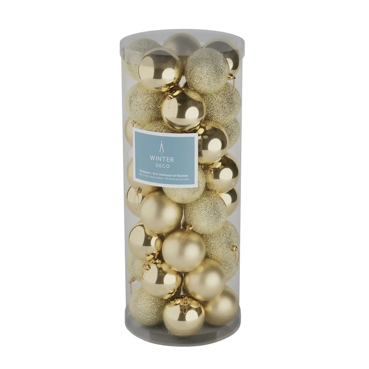 Gold Christmas baubles in clear tube, shatterproof holiday decor with matte, shiny & glitter finishes