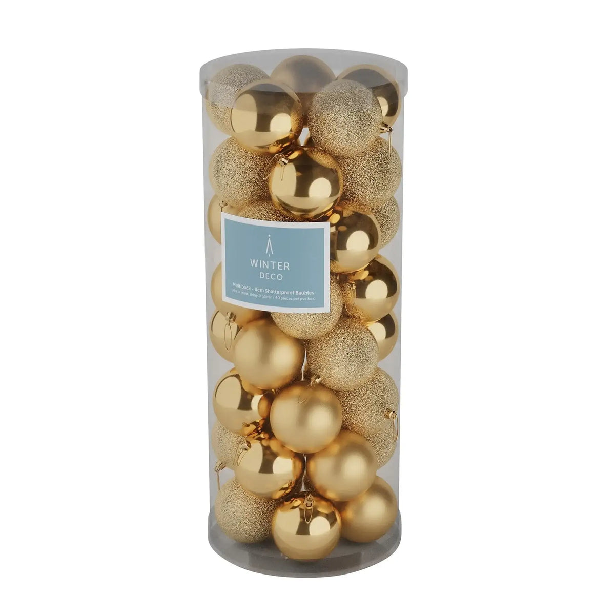 Gold Christmas baubles in clear tube, shiny and glittery holiday decorations for tree or home