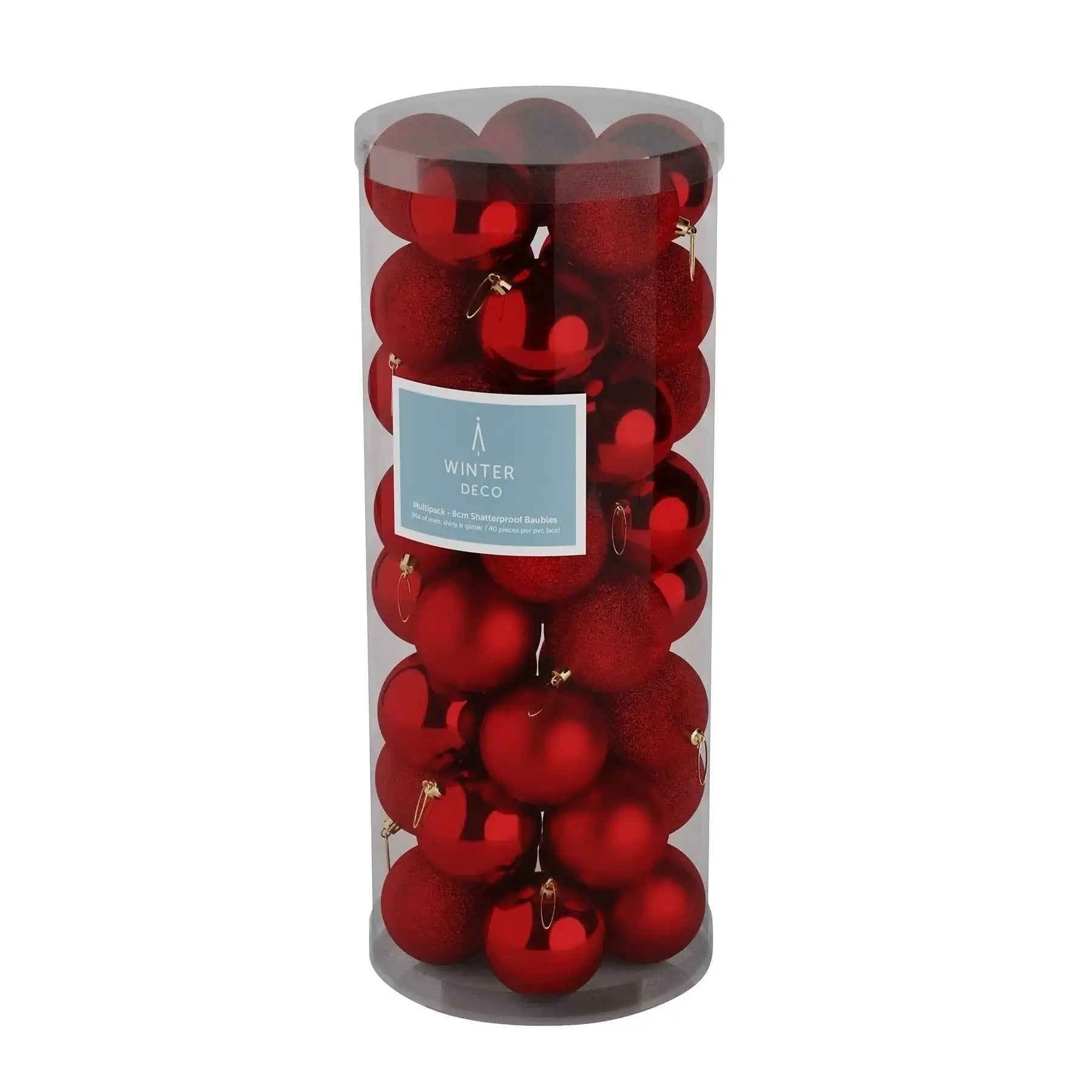 Red shatterproof Christmas baubles in clear tube, festive holiday decor for tree ornamentation