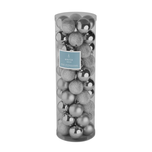 Silver shatterproof Christmas baubles in clear tube, matte, shiny & glitter finishes for holiday decor