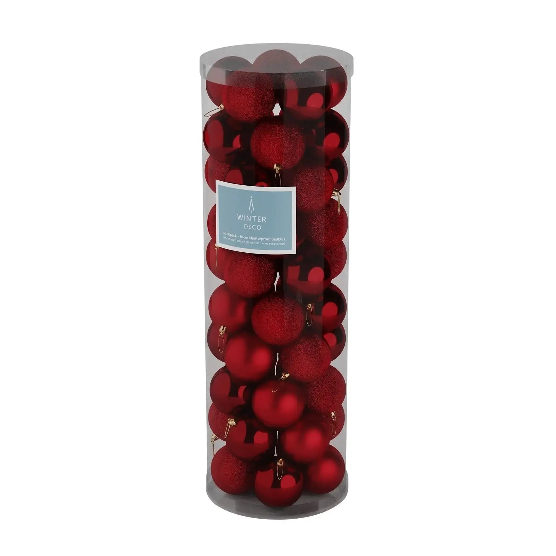 Red shatterproof Christmas baubles in clear tube, holiday home décor for festive celebrations