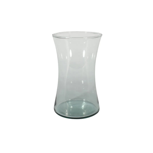 Clear glass vase with curved hourglass shape on white background, home decor accessory