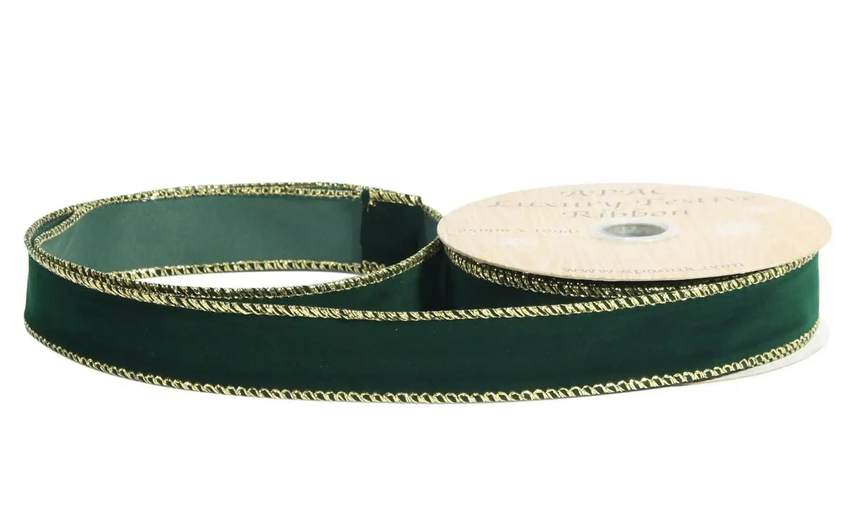 Emerald green luxury ribbon with gold trim, perfect for festive gift wrapping and home décor