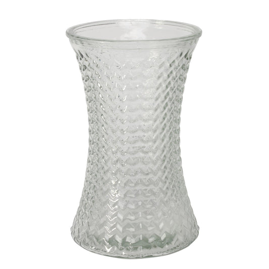 Clear textured glass vase with curved waist and chevron pattern, home décor accent