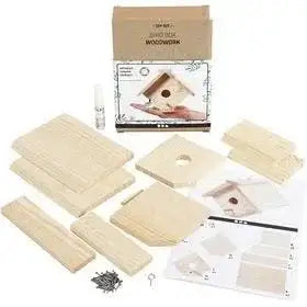 DIY wooden birdhouse kit with pre-cut pieces, screws, and assembly guide for home décor and garden gifts