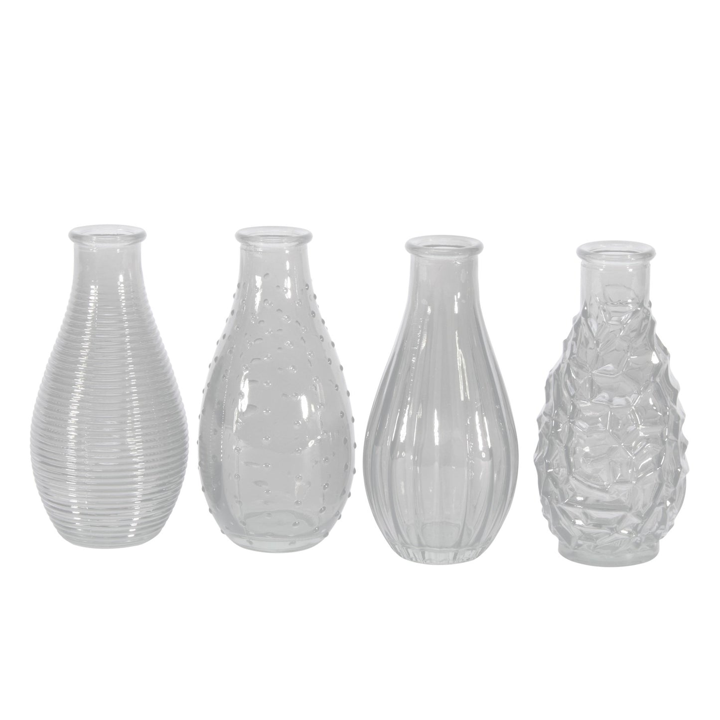 Set of four clear decorative glass vases with textured patterns, ideal for home décor