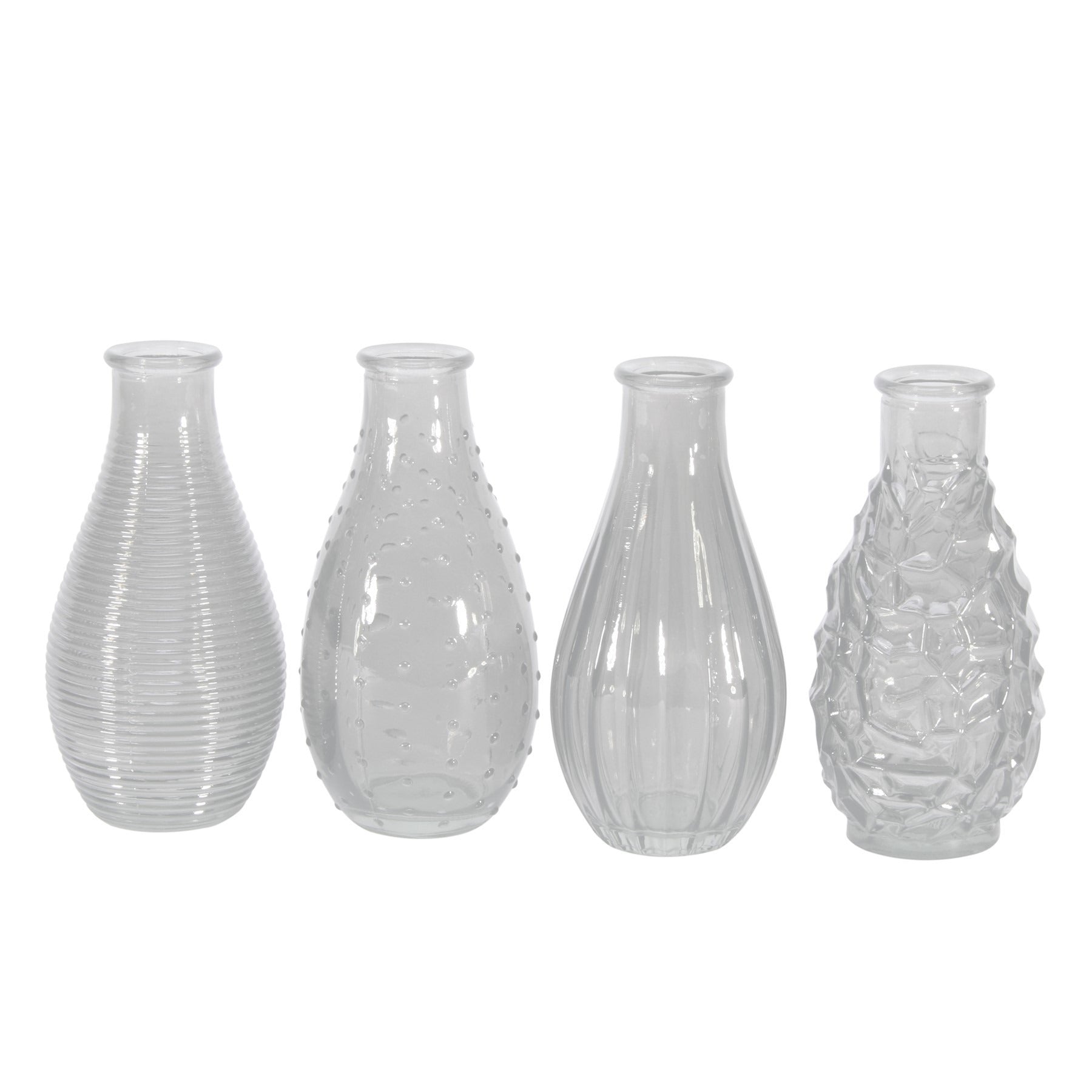 Set of four clear decorative glass vases with textured patterns, ideal for home décor