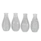 Set of four clear decorative glass vases with textured patterns, ideal for home décor